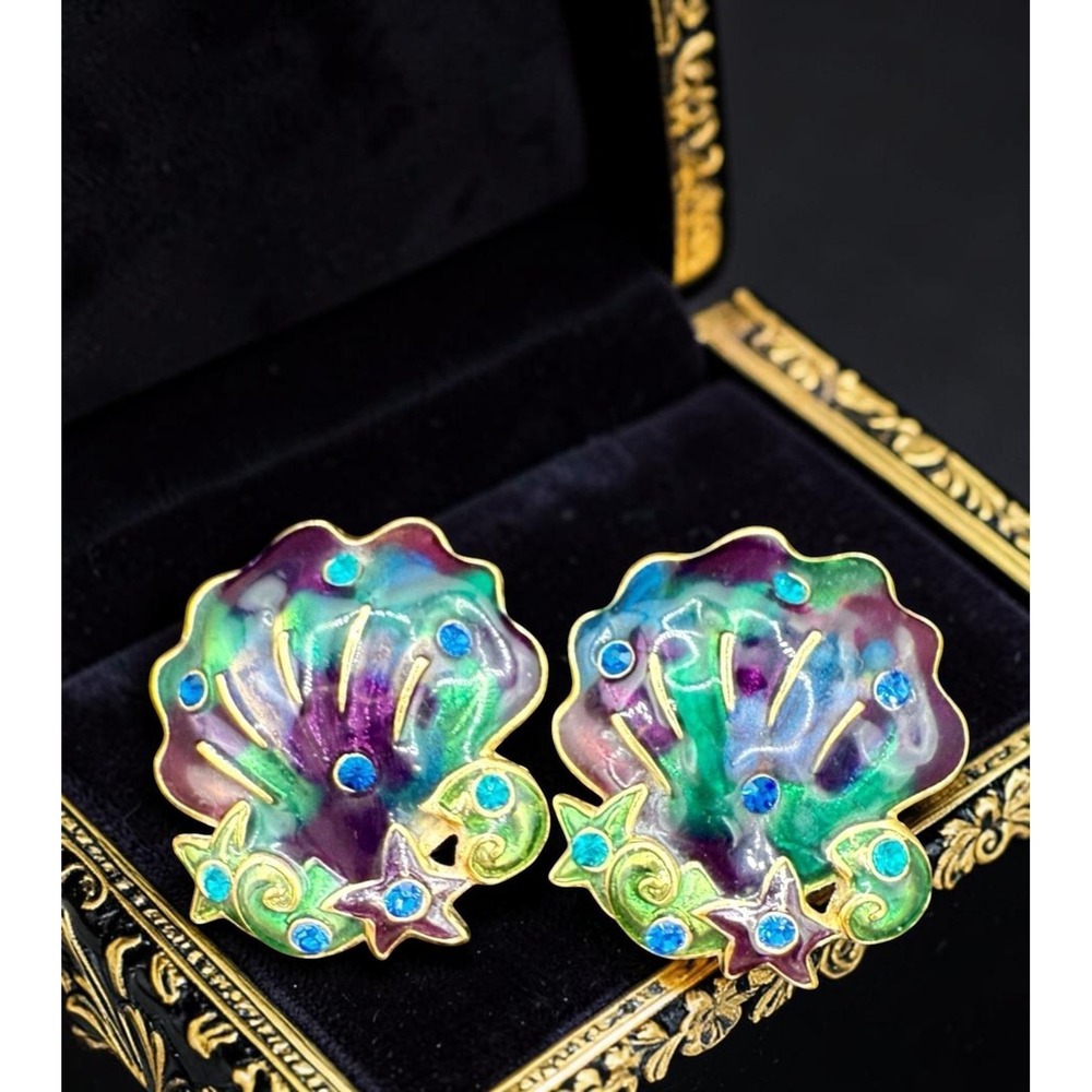 Rare Edgar Berebi Vintage 1980s Shell Seashell Enamel Post Earrings Resortwear